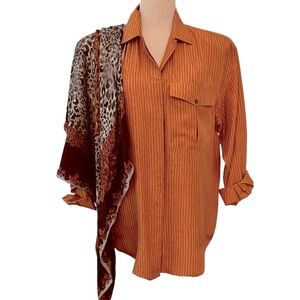 Diane Gilman Silk Mustard Striped Button Front Blouse Size Medium